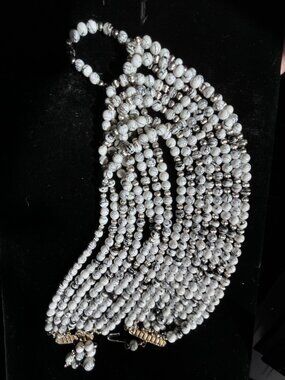 Vintage 80s 90s 8 Strand Black White Marbled Acrylic Bead Bib Necklace 17 Inch